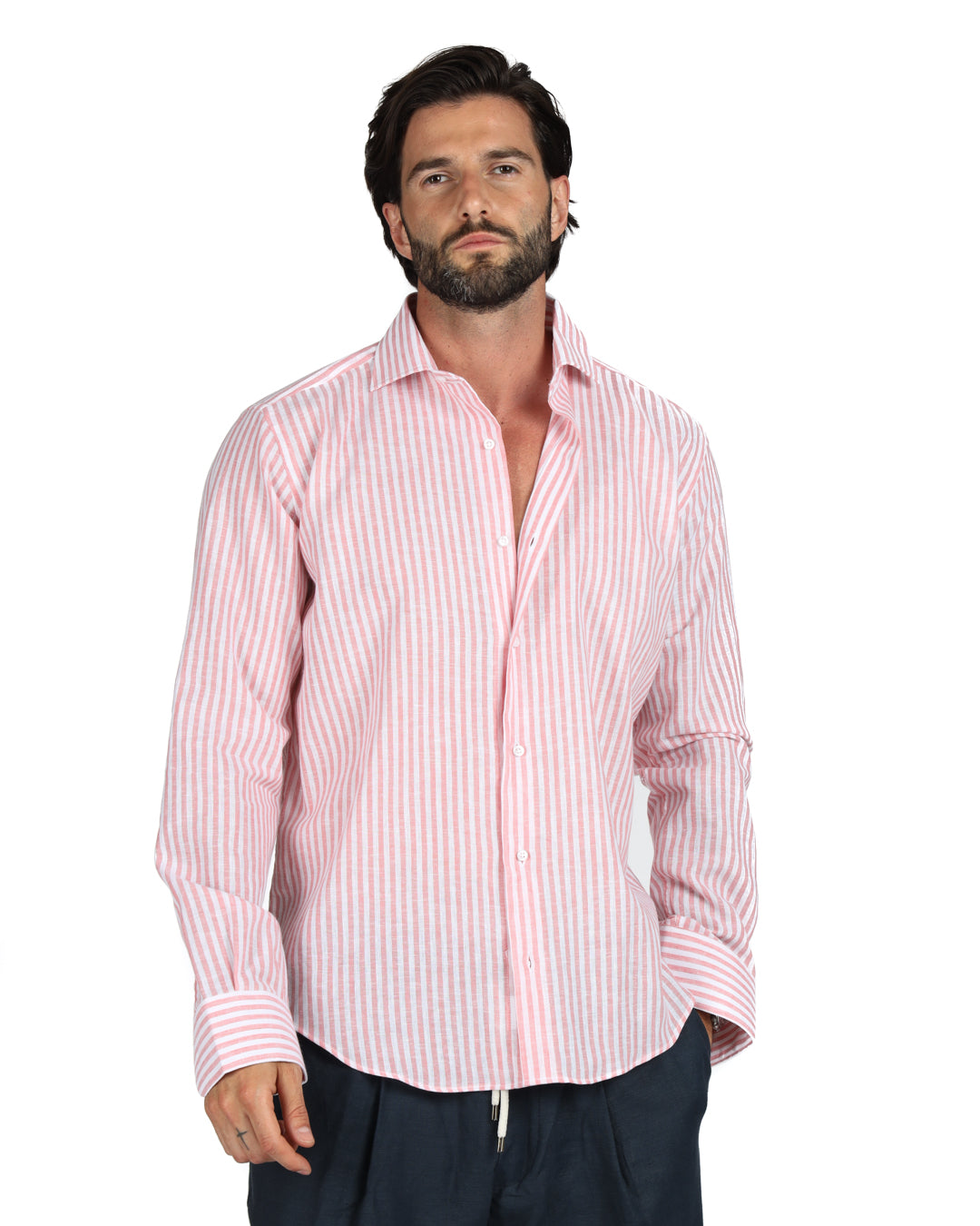 Ischia - Classic pink narrow striped linen shirt