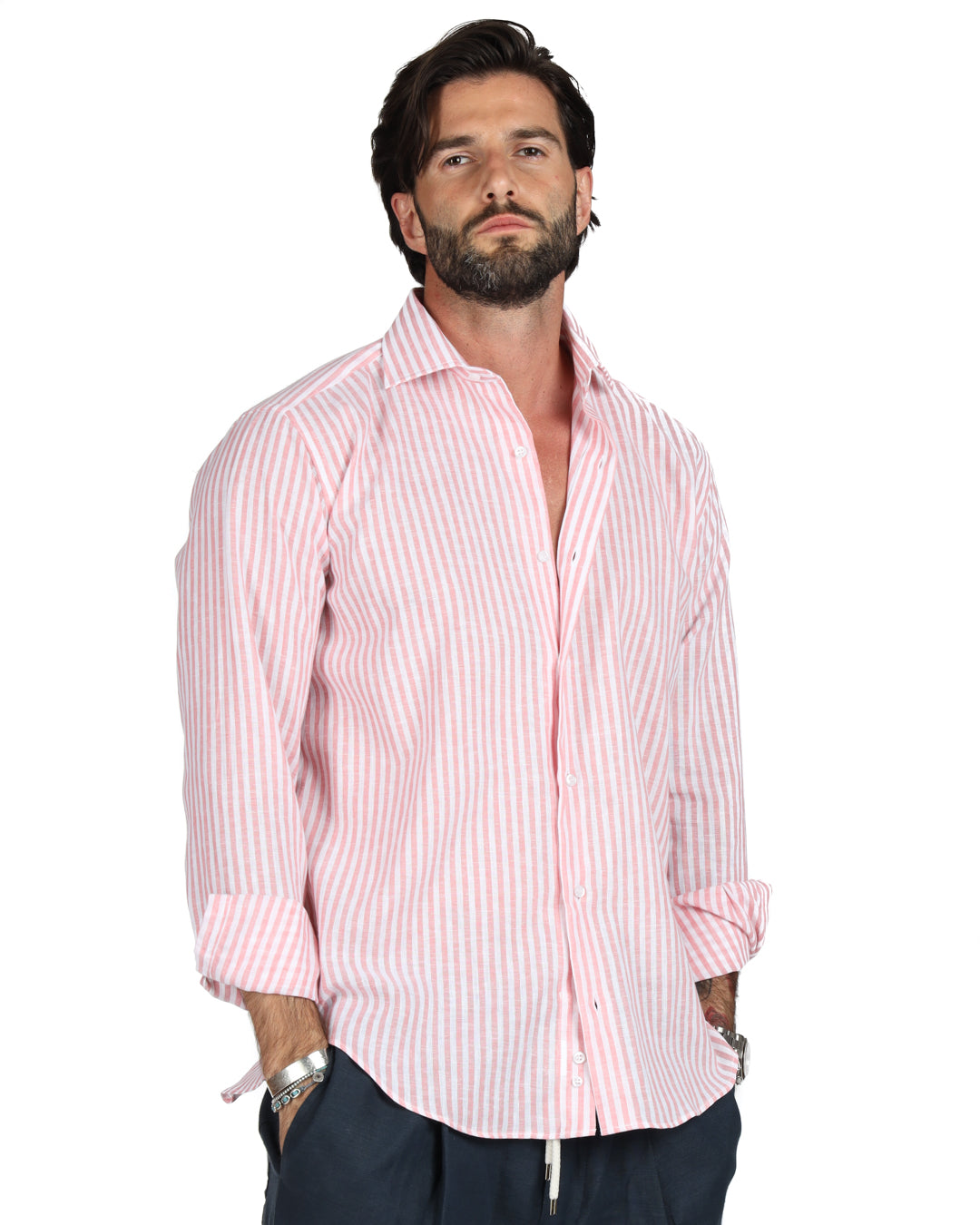 Ischia - Chemise en lin à fines rayures rose classique