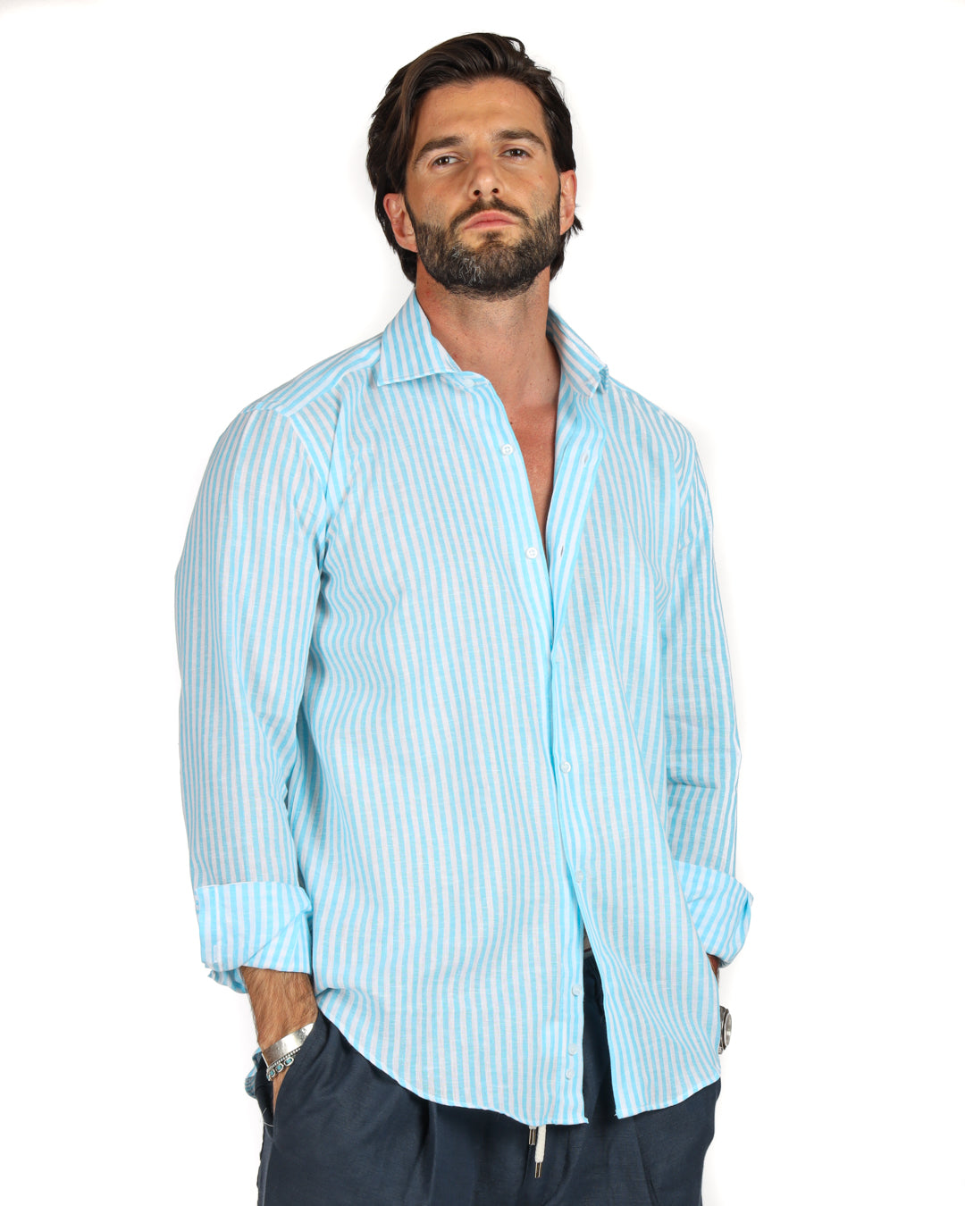 Ischia - Classic turquoise narrow striped linen shirt