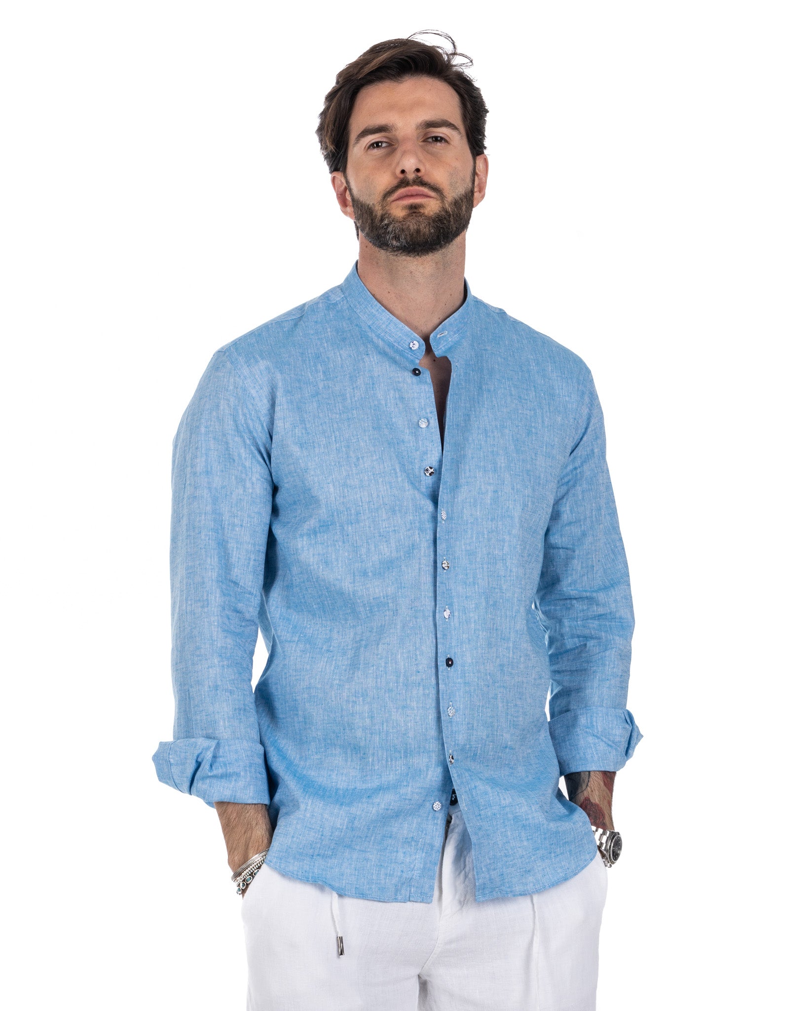 Positano - turquoise linen Korean shirt