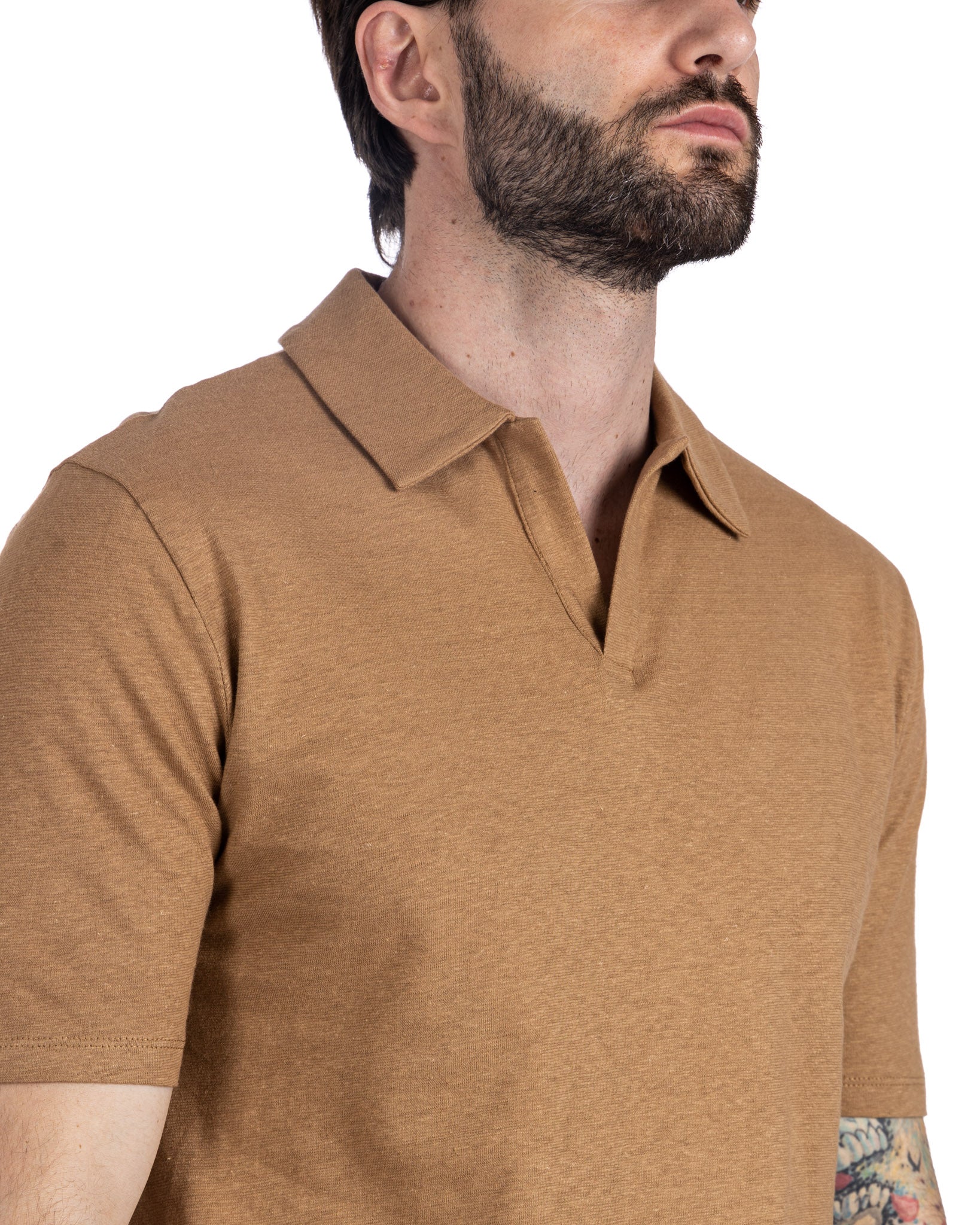 Panarea - camel linen polo shirt