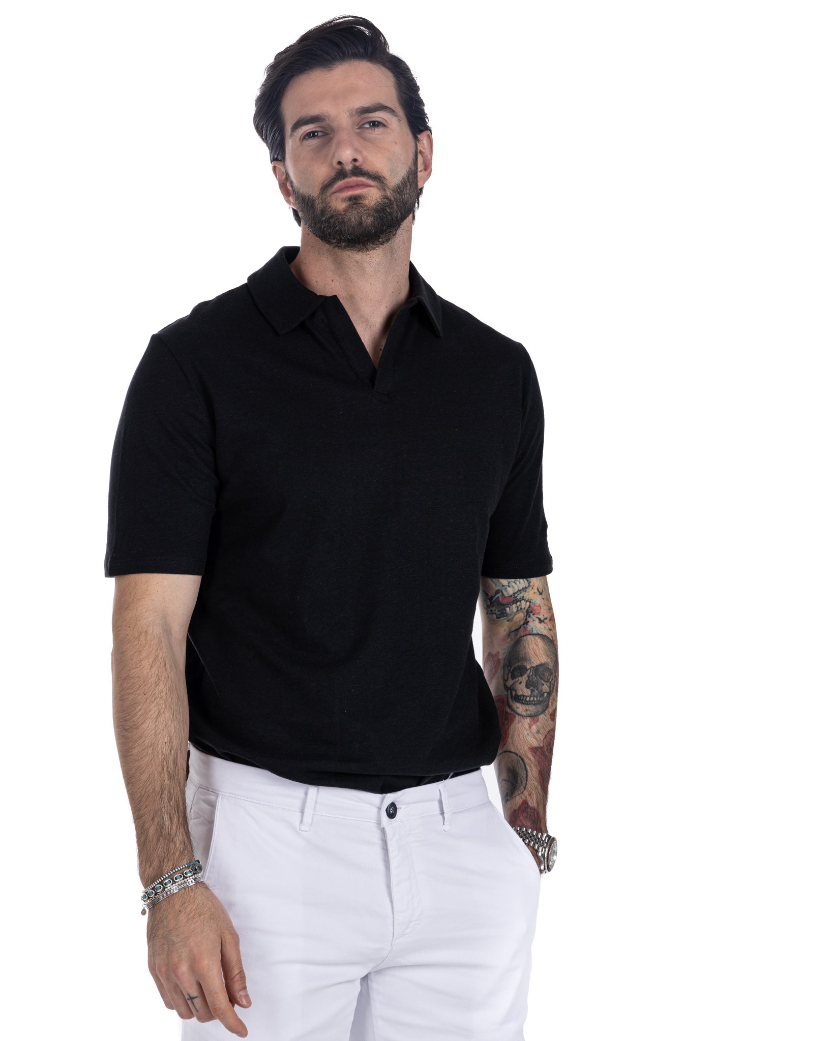 Panarea - black linen polo shirt