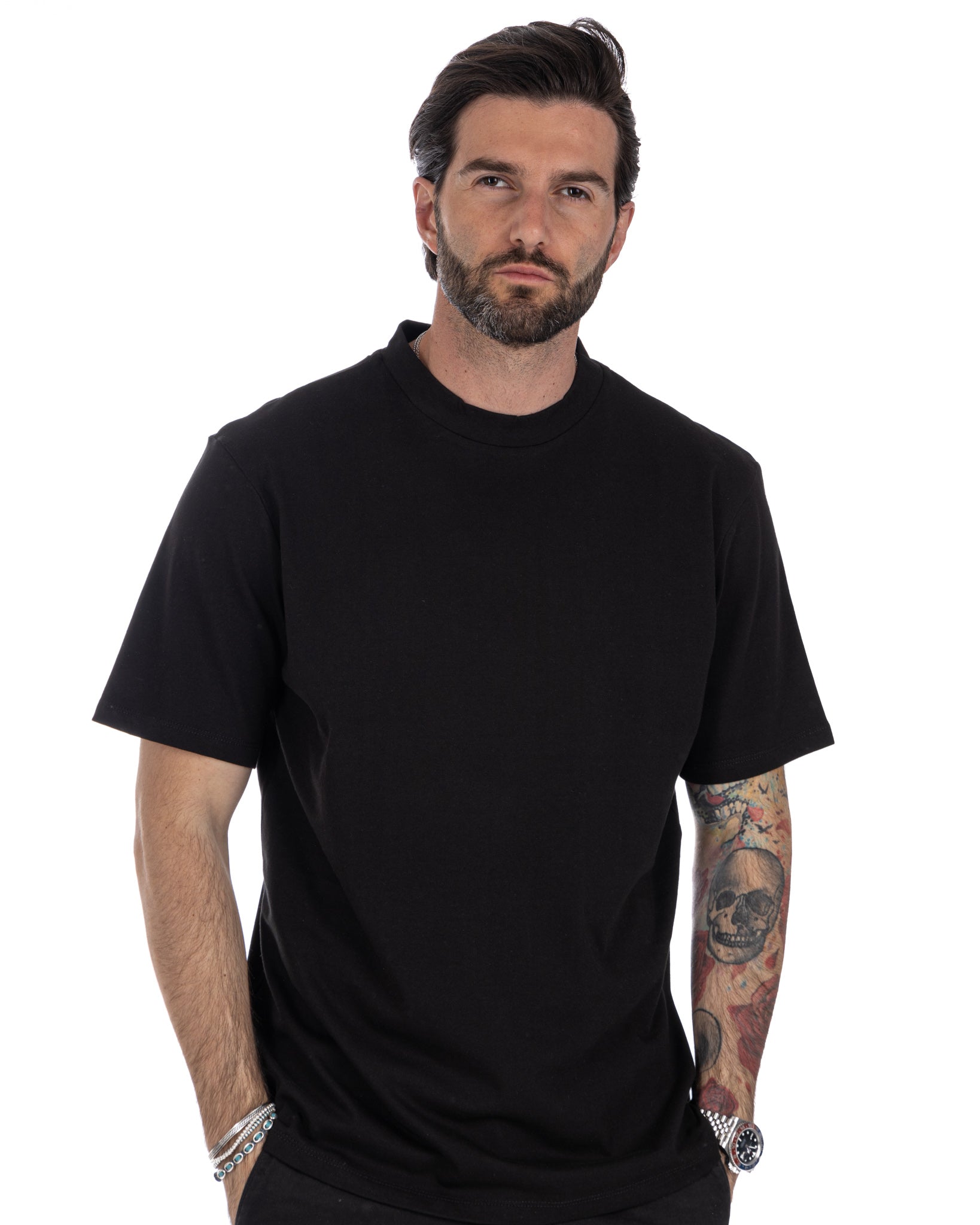 Land - Black cotton half-neck t-shirt