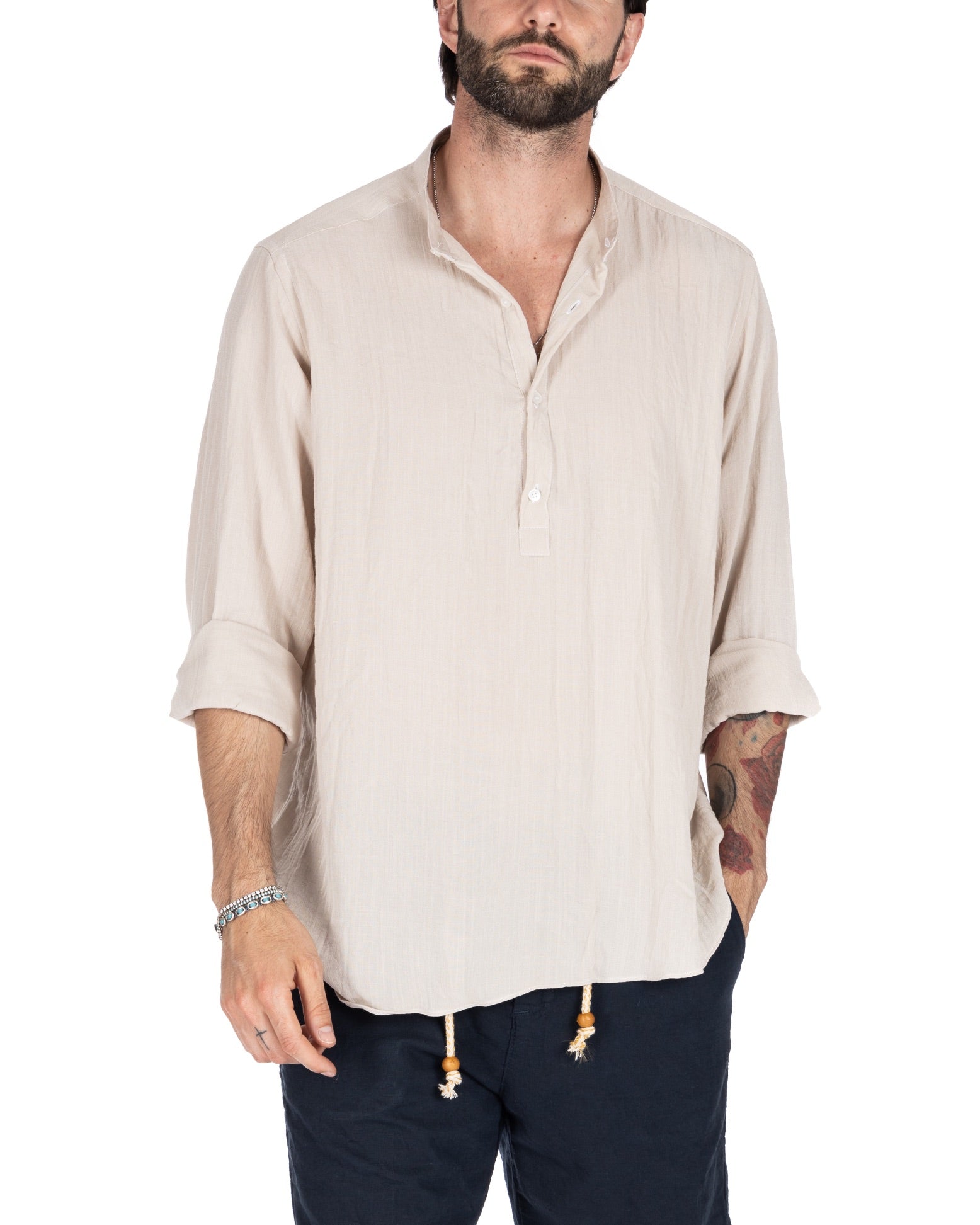 SERAFINO - FIVE BUTTON SHIRT IN SAND LINEN