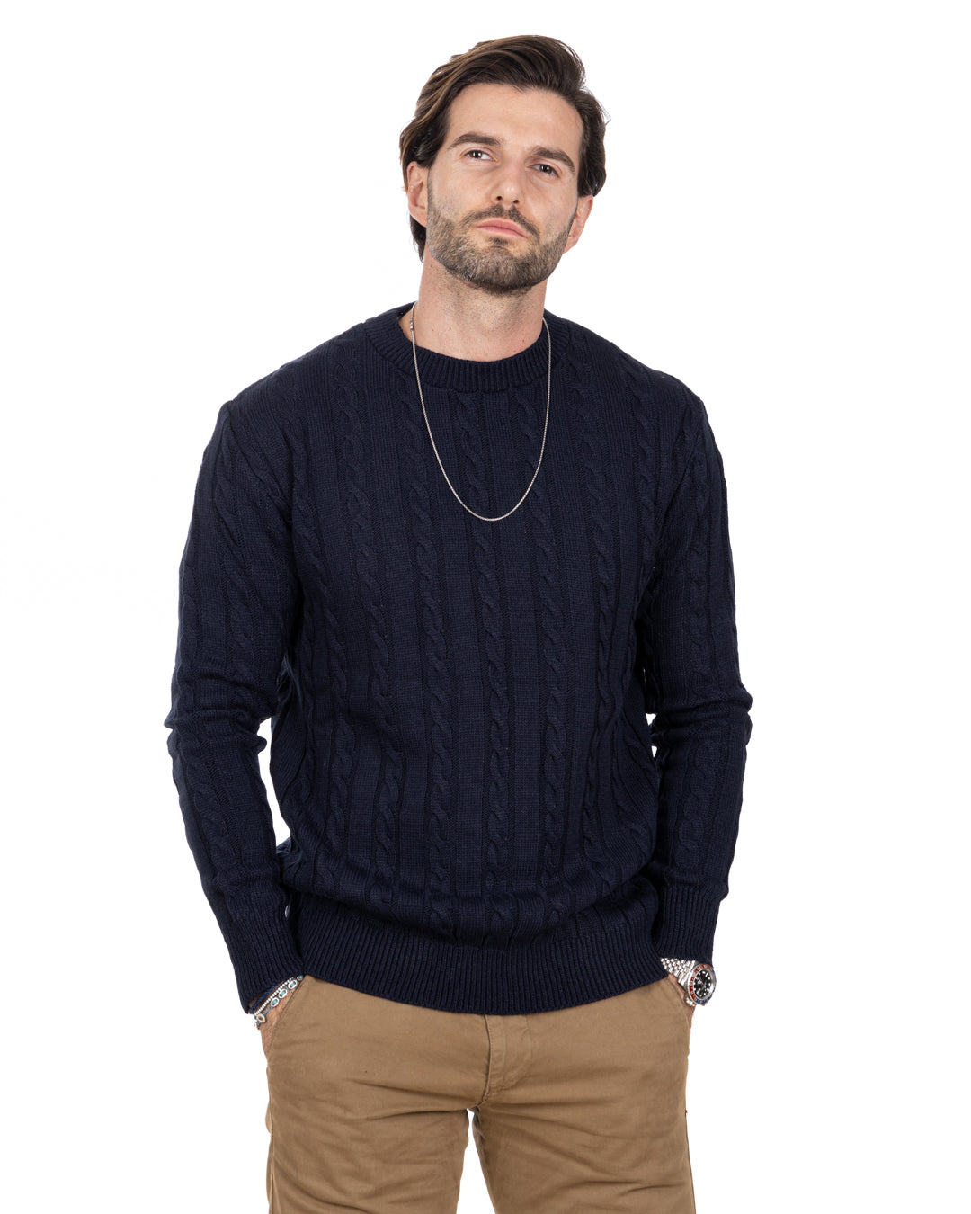 Stirling - blue sweater with cables
