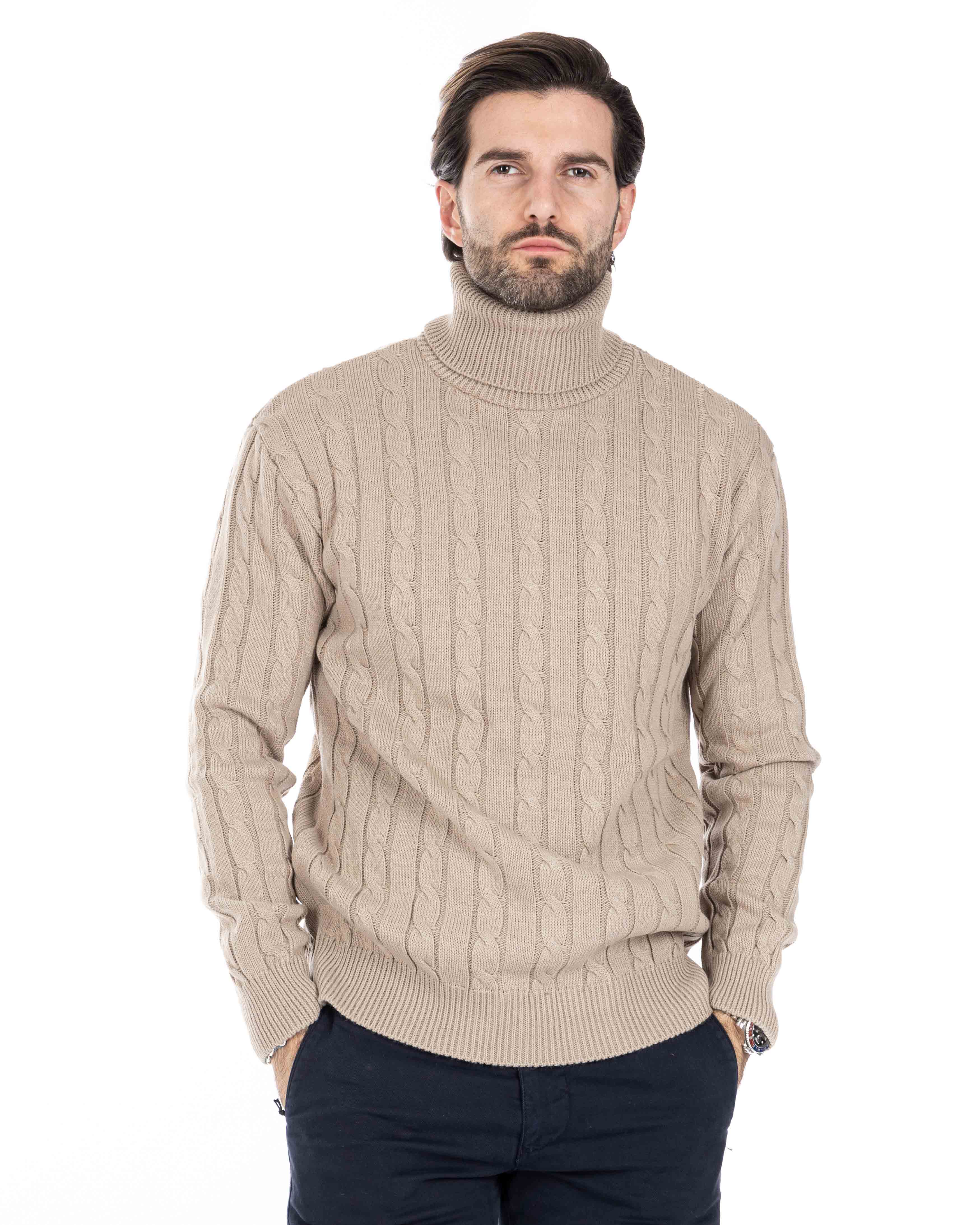 Crovie - beige sweater with high neck cables