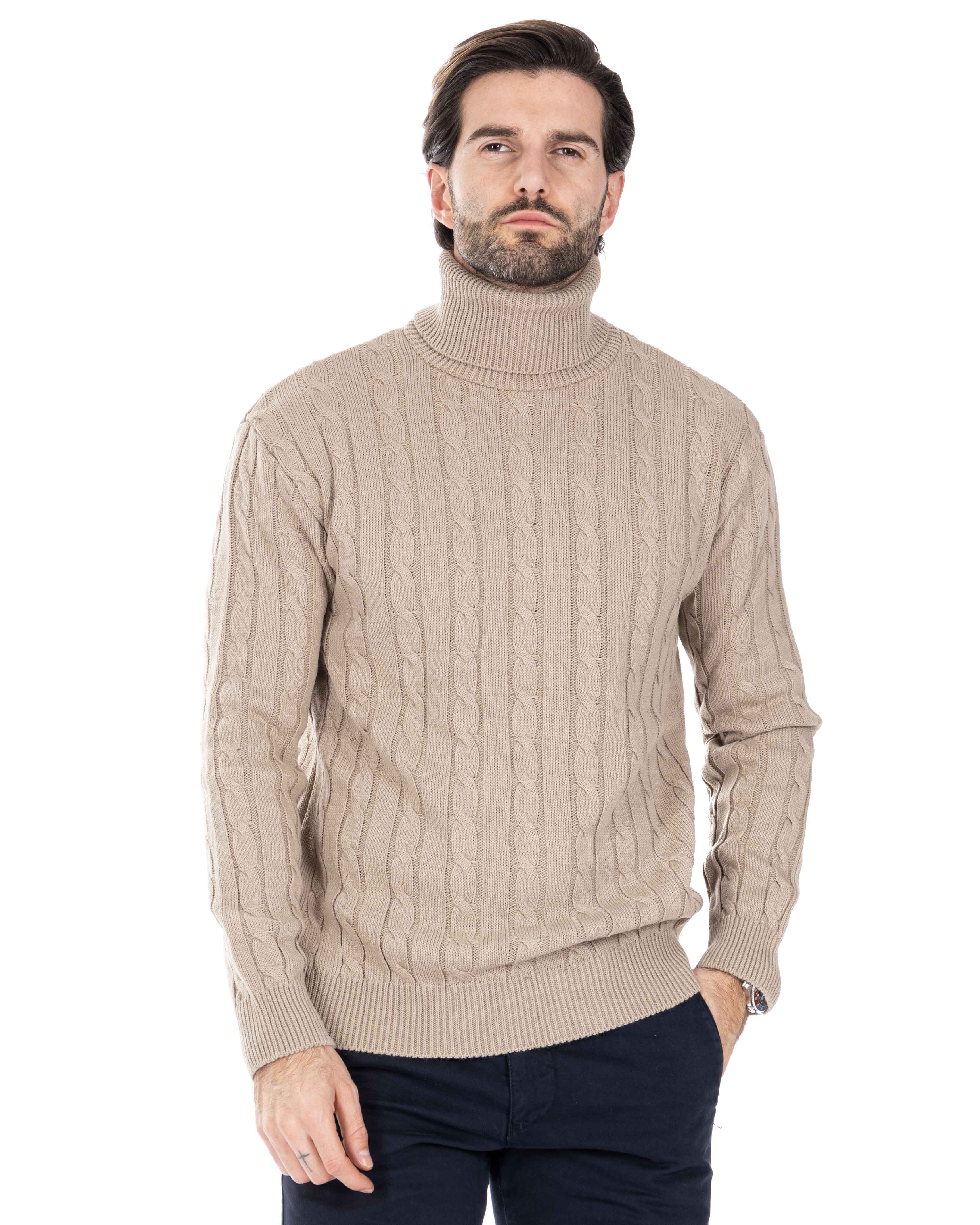 Crovie - beige sweater with high neck cables