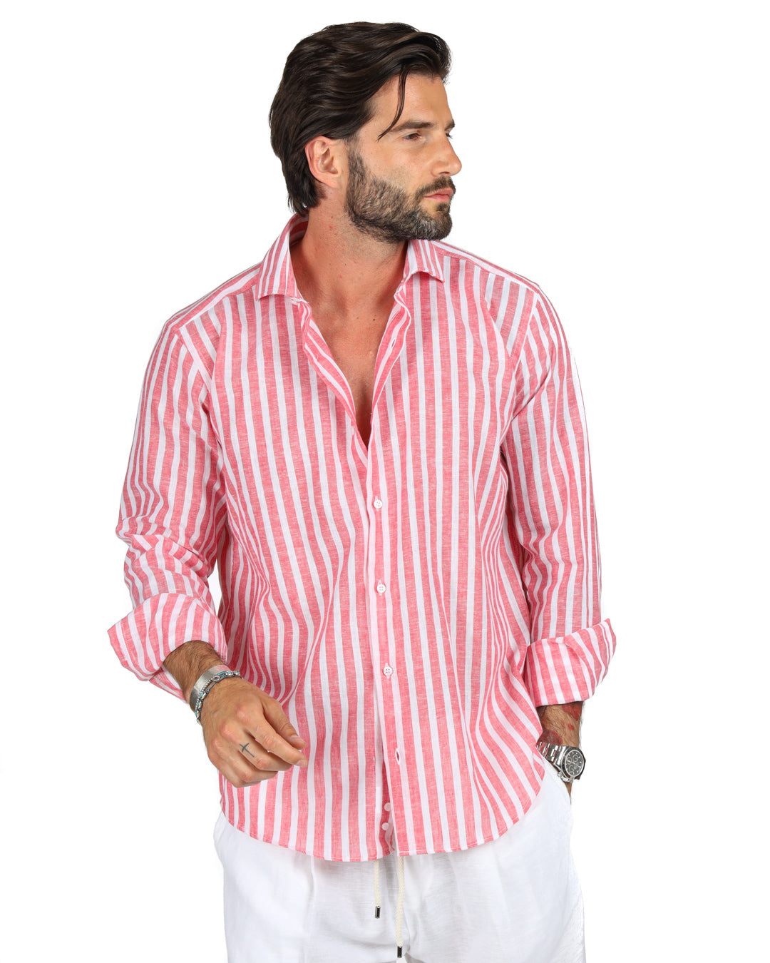 Procida - Classic red wide striped linen shirt