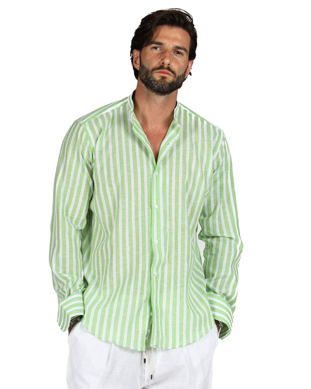 Procida - Korean shirt with wide green stripes in linen