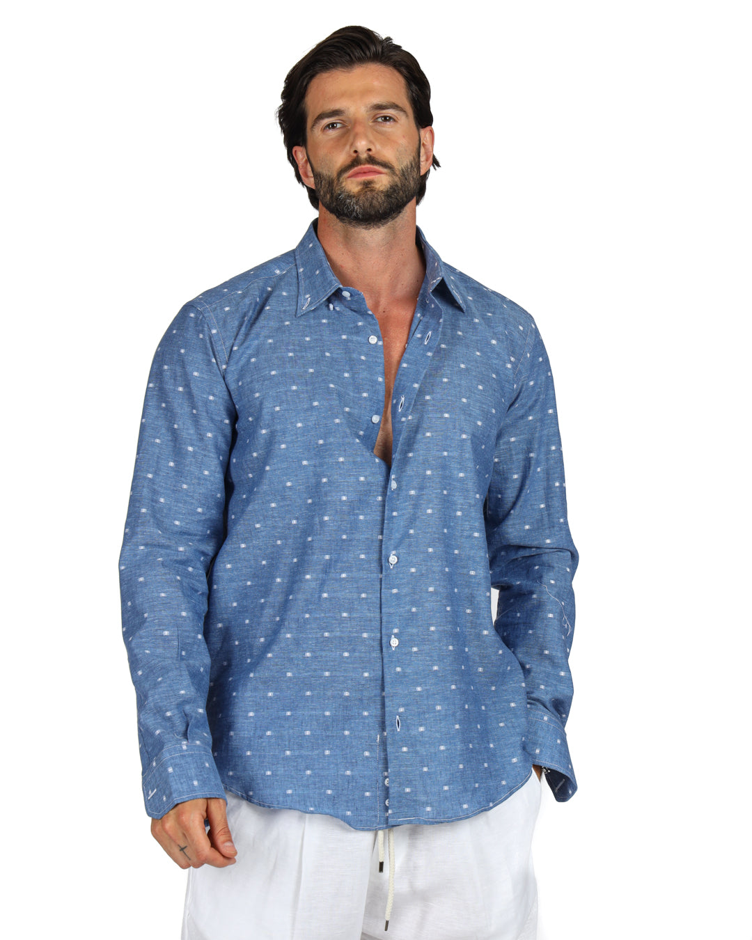 Salina - Classic denim shirt with white linen embroidery