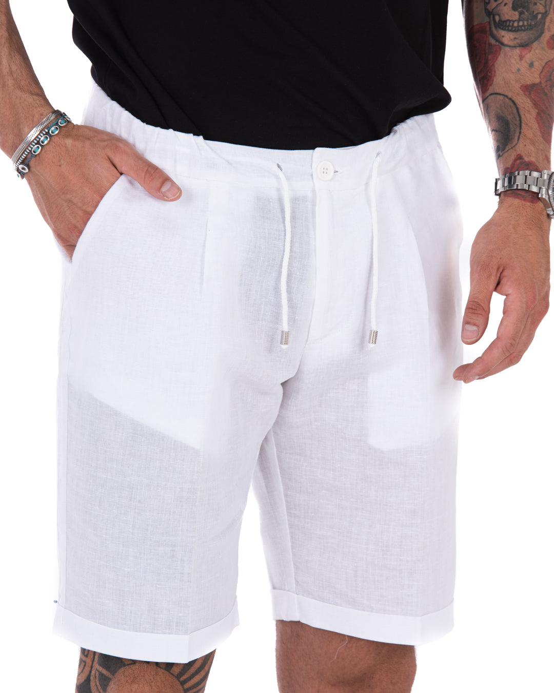 Teodoro - White linen Bermuda shorts