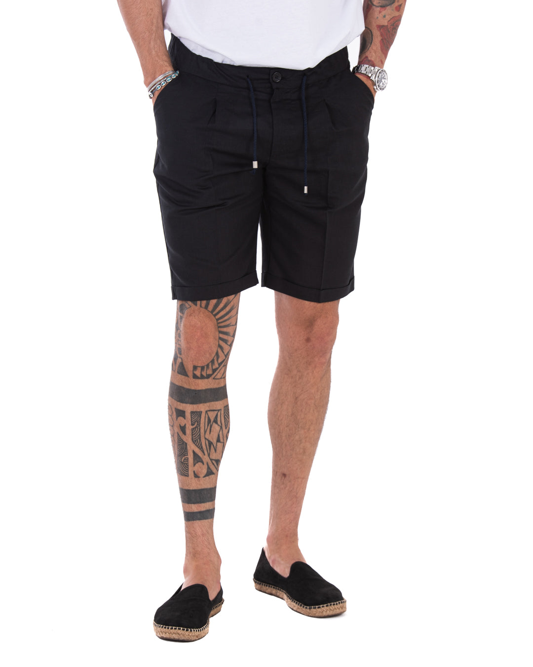 Teodoro - Black linen Bermuda shorts