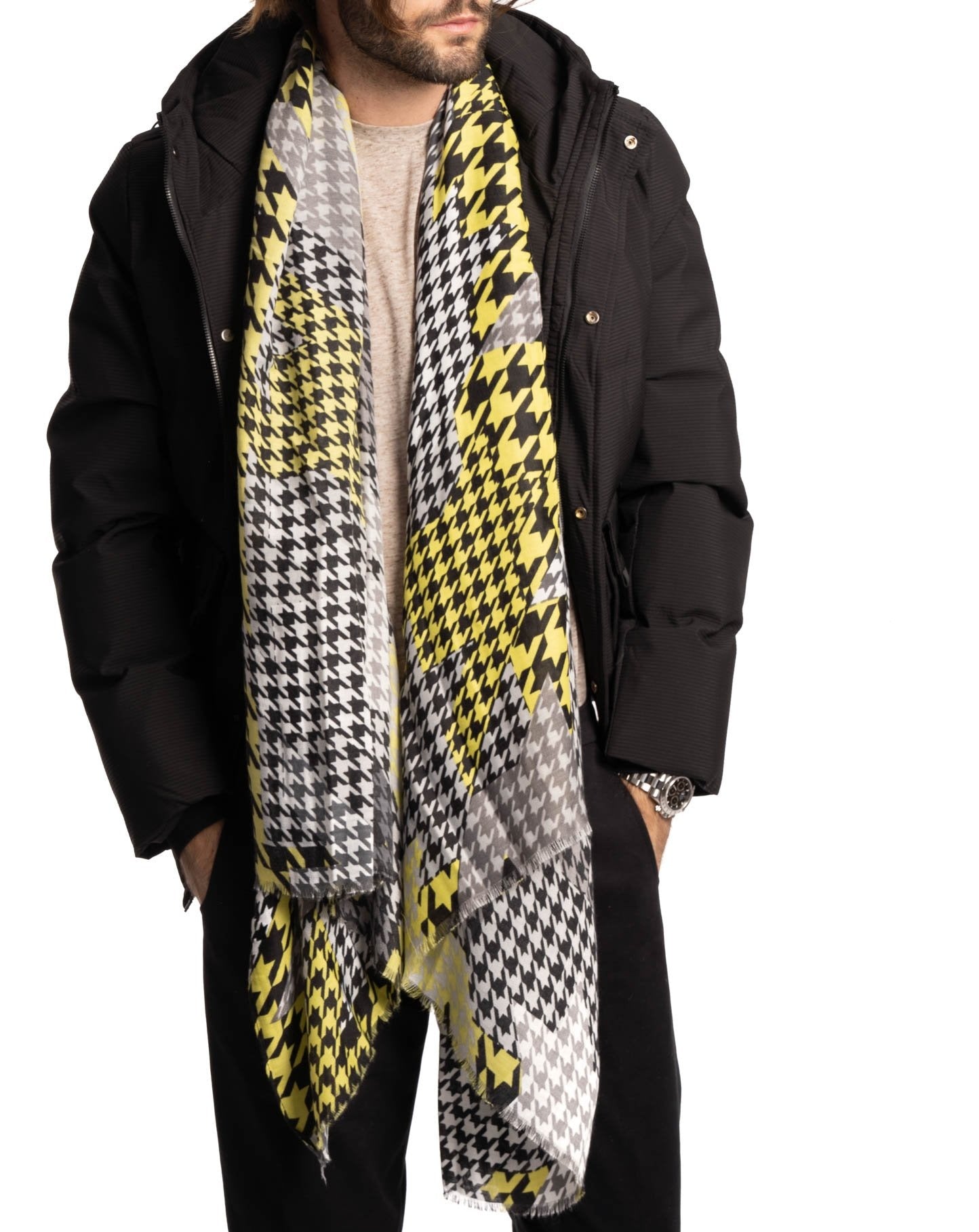 BLACK AND WHITE FLUORESCENT HOOOTY SCARF