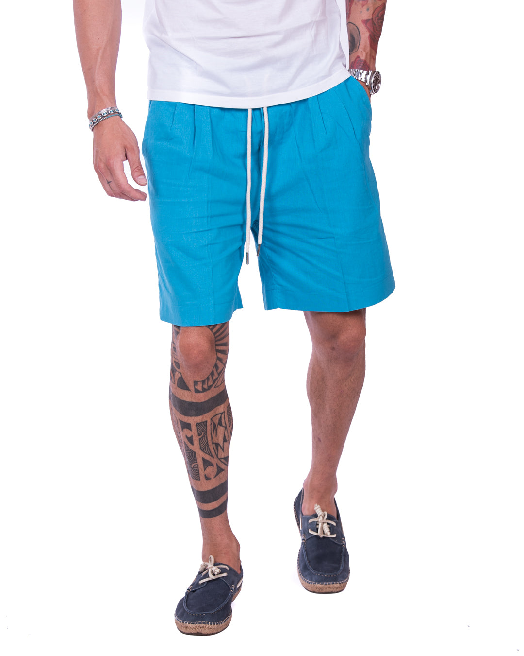 Larry - turquoise linen Bermuda shorts